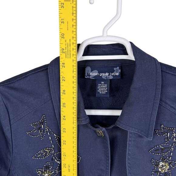 Susan Graver Womens 1X Metal Floral 3D Embellished Jacket Pockets Art To Wear - Picture 13 of 16